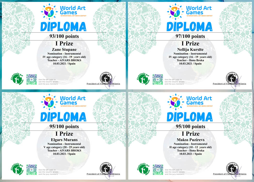 konkursa World Art Games laureātu diplomi