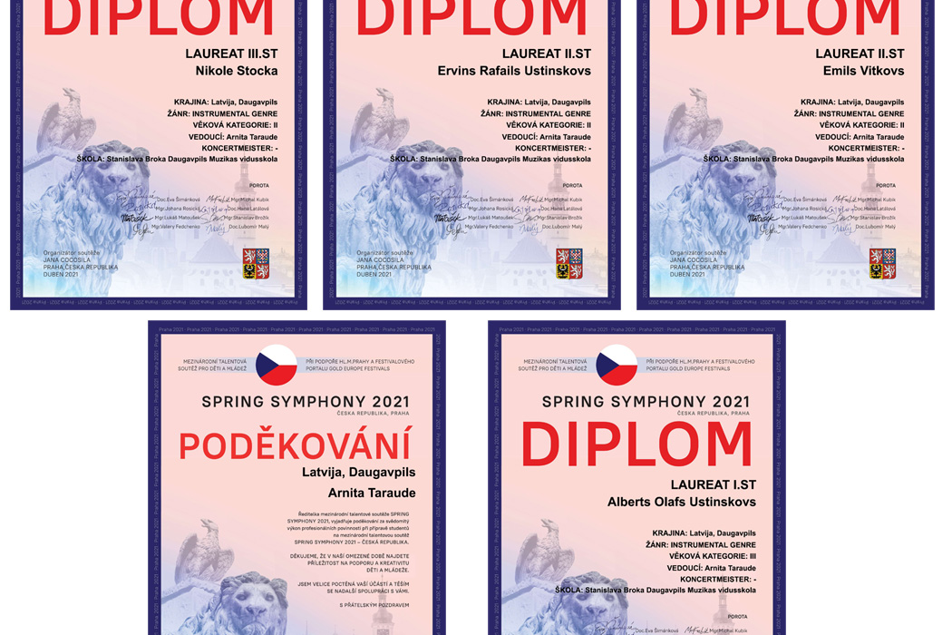  konkursa SPRING SYMPHONY 2021 laureātu diplomi