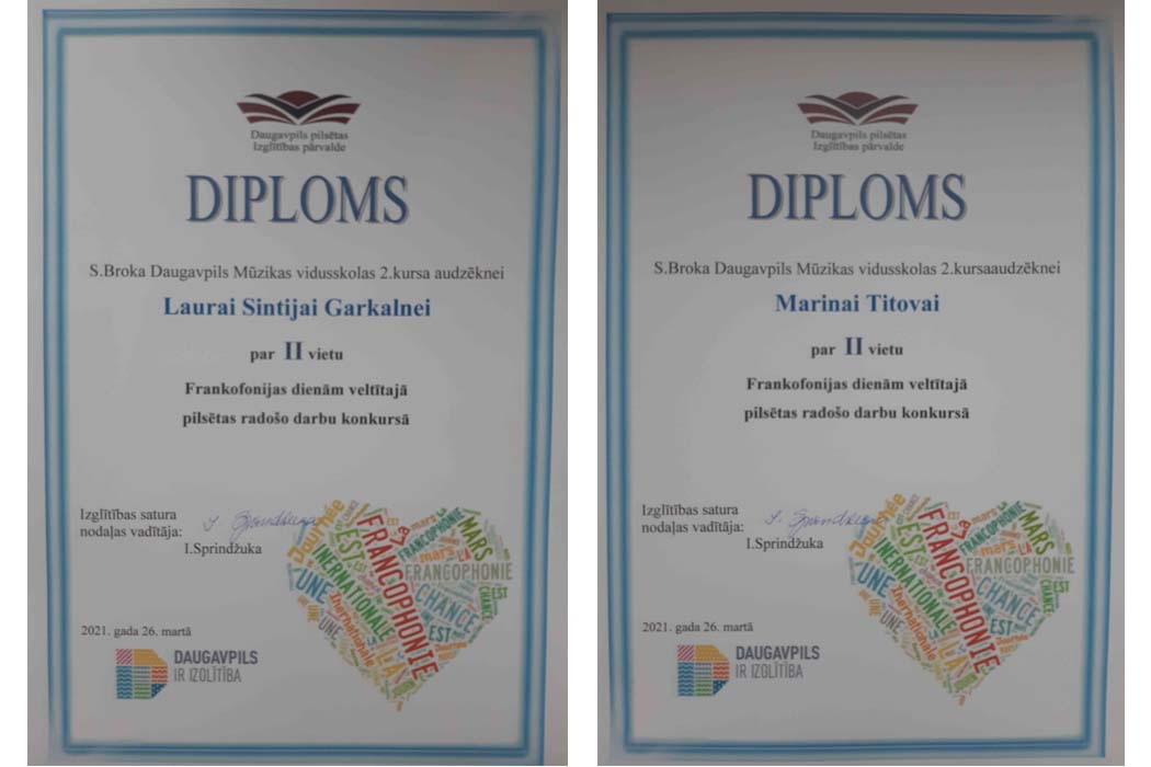 Frankofonijas dienai veltītā pilsētas radošo darbu konkursa laureātes diplomi