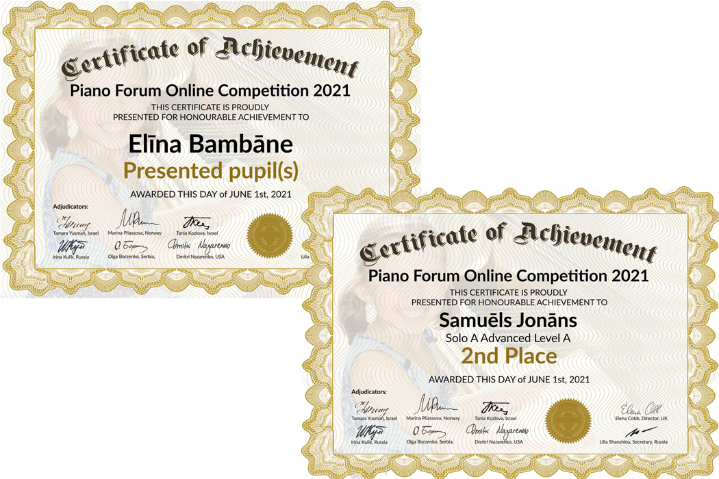 konkursa PIANO FORUM ONLINE COMPETITION 2021 laureāta diploms