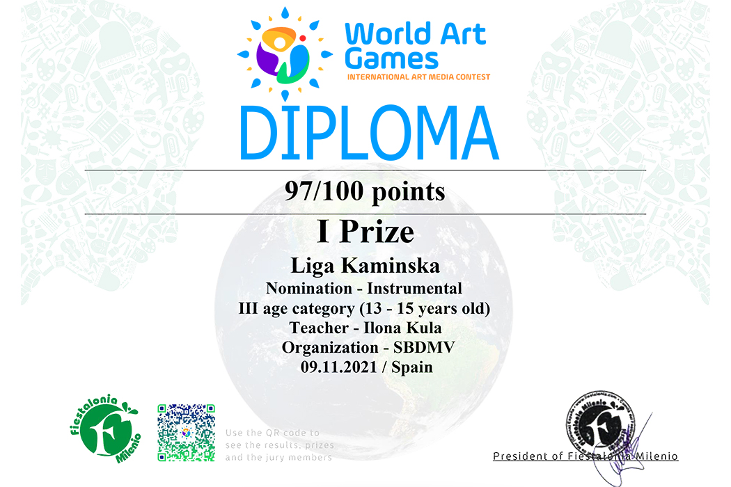 konkursa World Art Games I vietas ieguvējas diploms