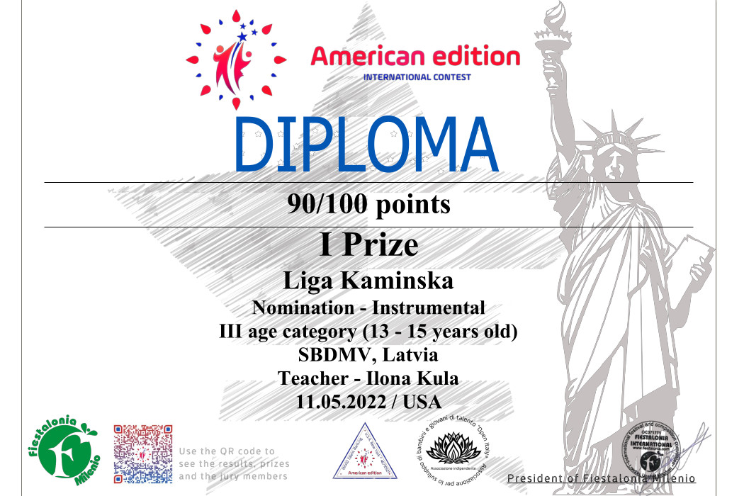 konkursa American edition I vietas ieguvēju diploms