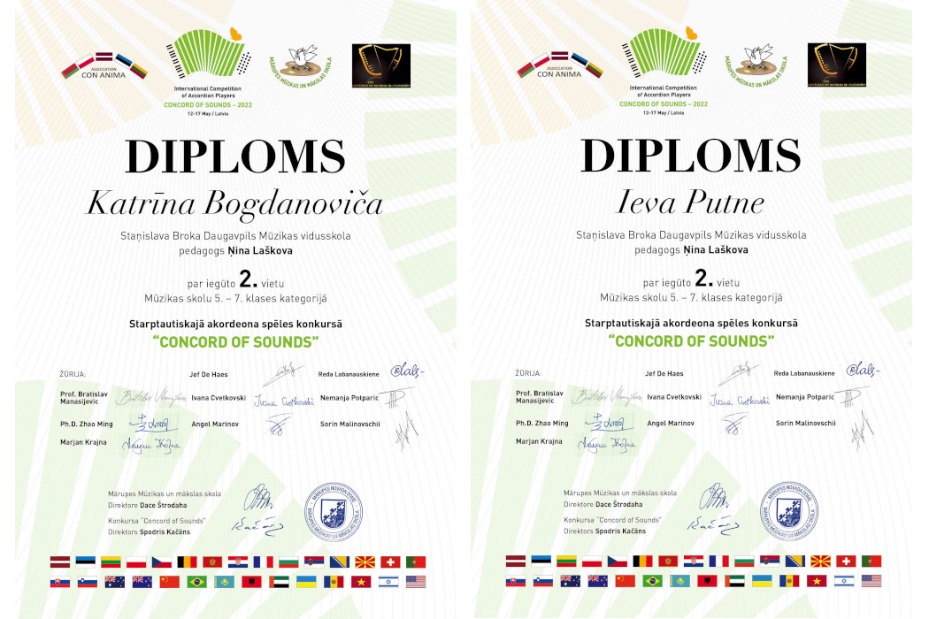 konkursa CONCORD OF SOUNDS laureātes diplomi