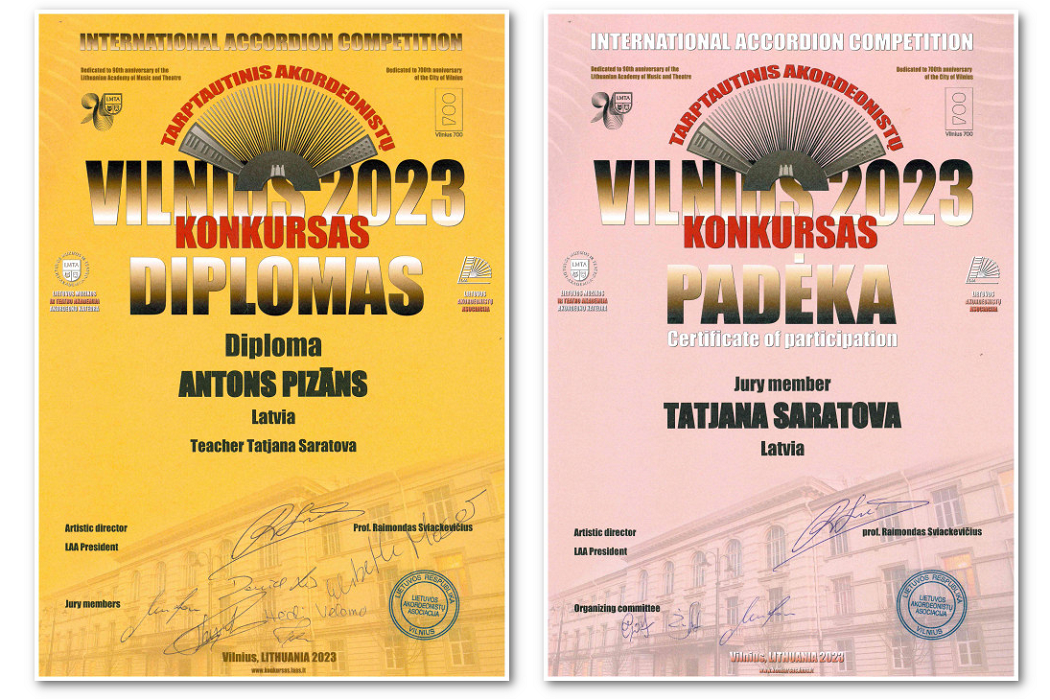 konkursa VILNIUS 2023 dalībnieku diplomi