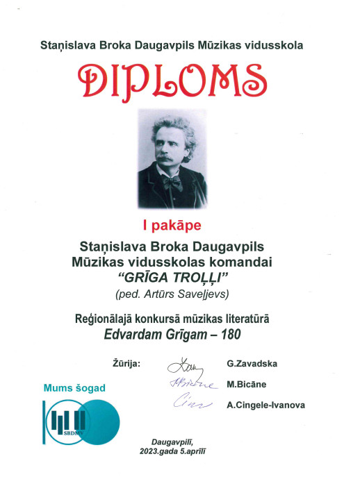 Konkursa Edvardam Grīgam – 180 laureātu diploms