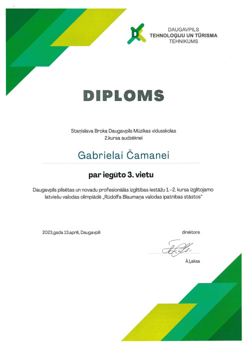 olimpiādes Rūdolfa Blaumaņa valodas īpatnības stāstos laureāta diploms